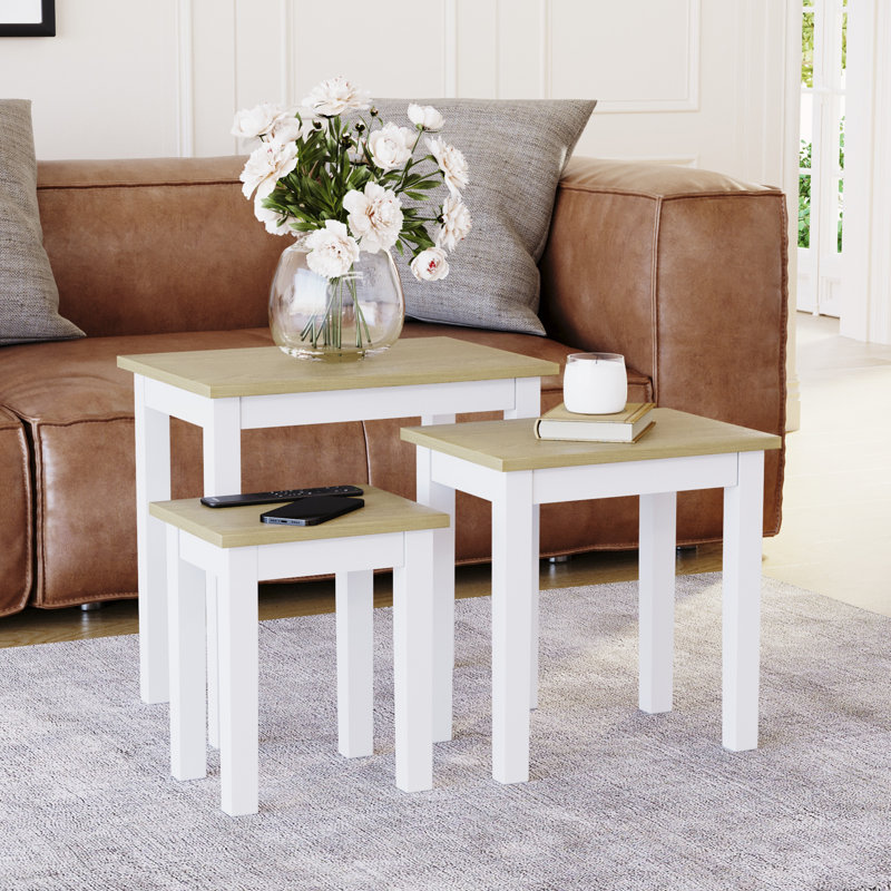 Analynn 3 Piece Nest of Tables, White, Oak