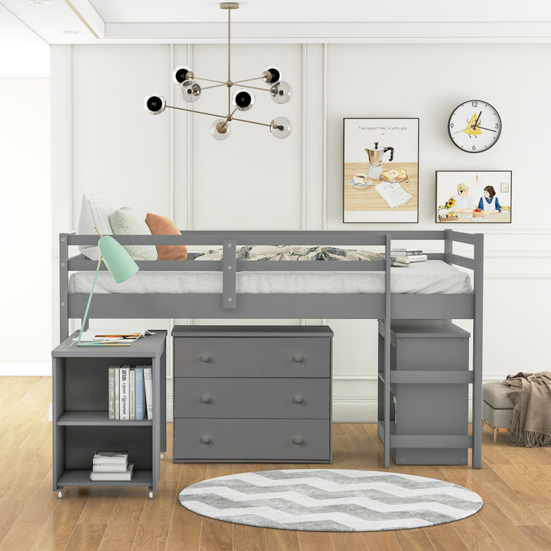 Lit mezzanine basse avec cabinet, bureau portatif à roulettes, structure en bois robuste, conception compacte, solution de travail et de sommeil fonctionnelle et élégante