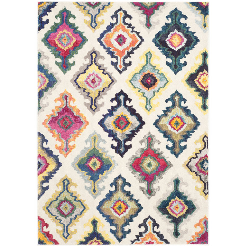 Tapis géométrique beige / bleu / jaune Hertzler, Rectangle 8 pi x 11 pi