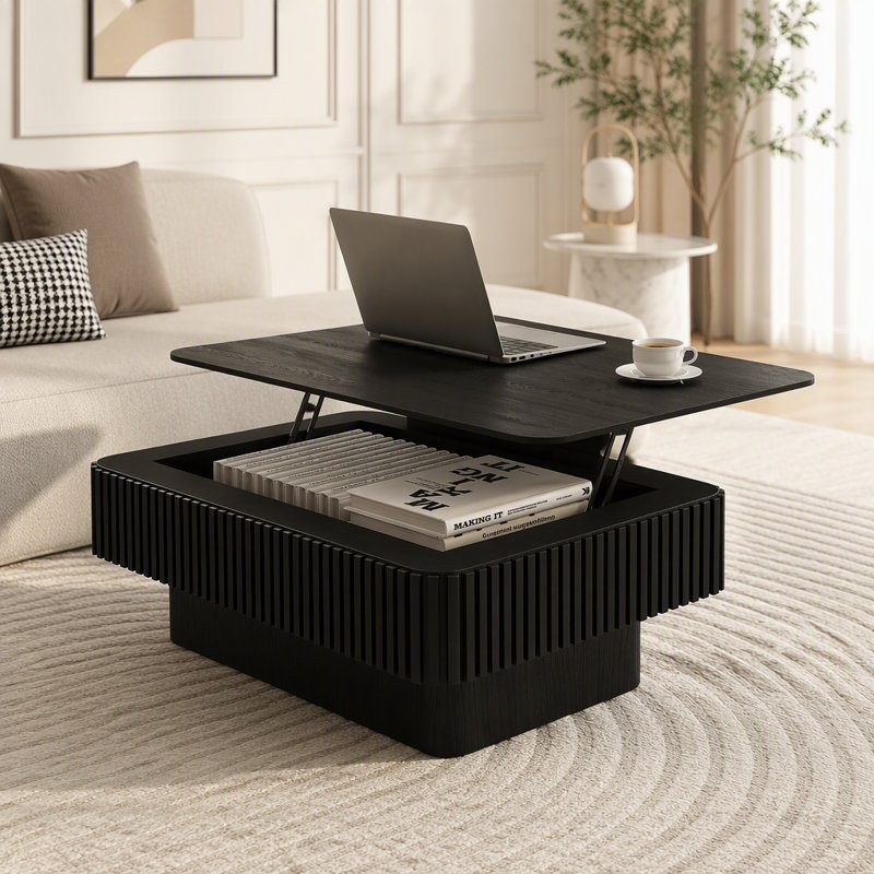 Table basse relevable cannelée avec rangement, 82,5 lb, Black