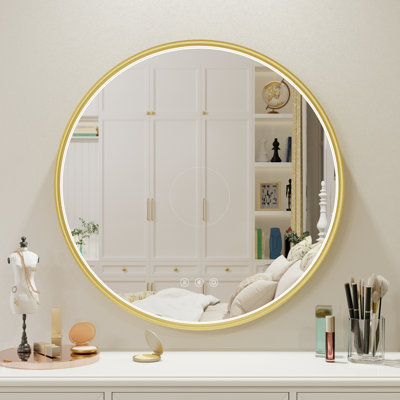 Bluetooth Round LED Bathroom Mirror with Aluminum Frame, Anti-Fog, 3 Colour Temperature, Adjustable Brightness