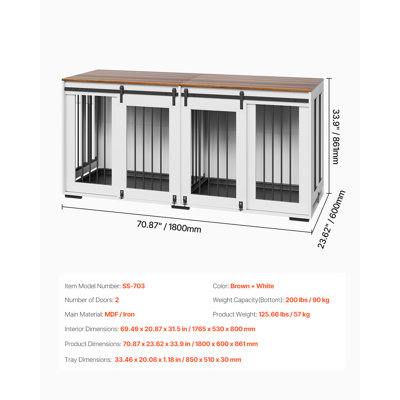 Meuble de 72 po pour 2 chiens, 2 caisses de chien avec portes coulissantes doubles, grand meuble télé avec plateau amovible et cage en acier pour petits, moyens et grands chiens - blanc