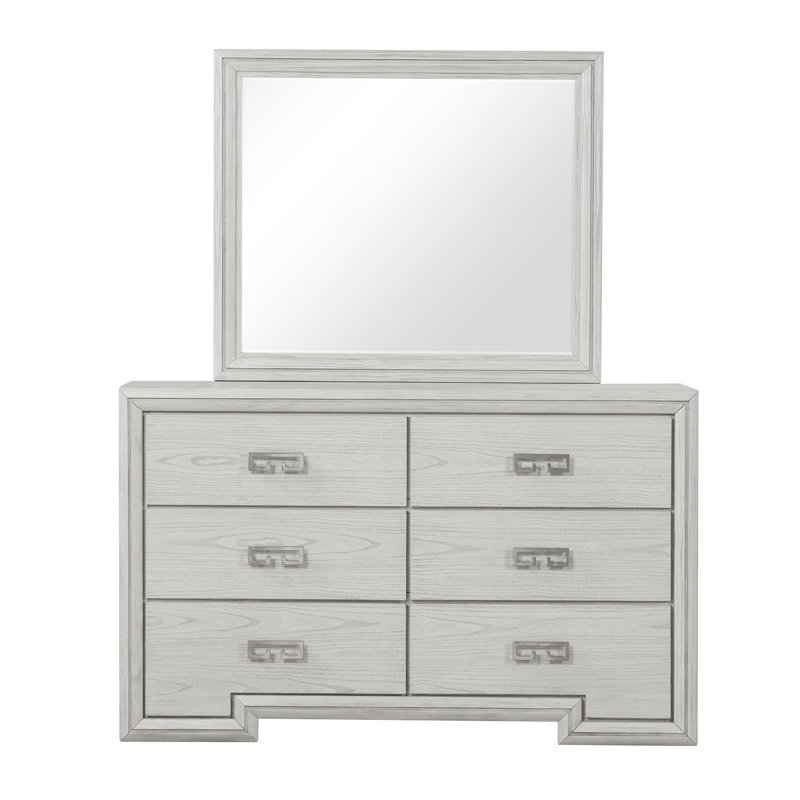 Commode rustique blanche de style transitionnel à 9 tiroirs avec miroir assorti, construction en bois massif et métal, tiroirs à queue d'aronde anglaise avec doublure en feutre et cèdre