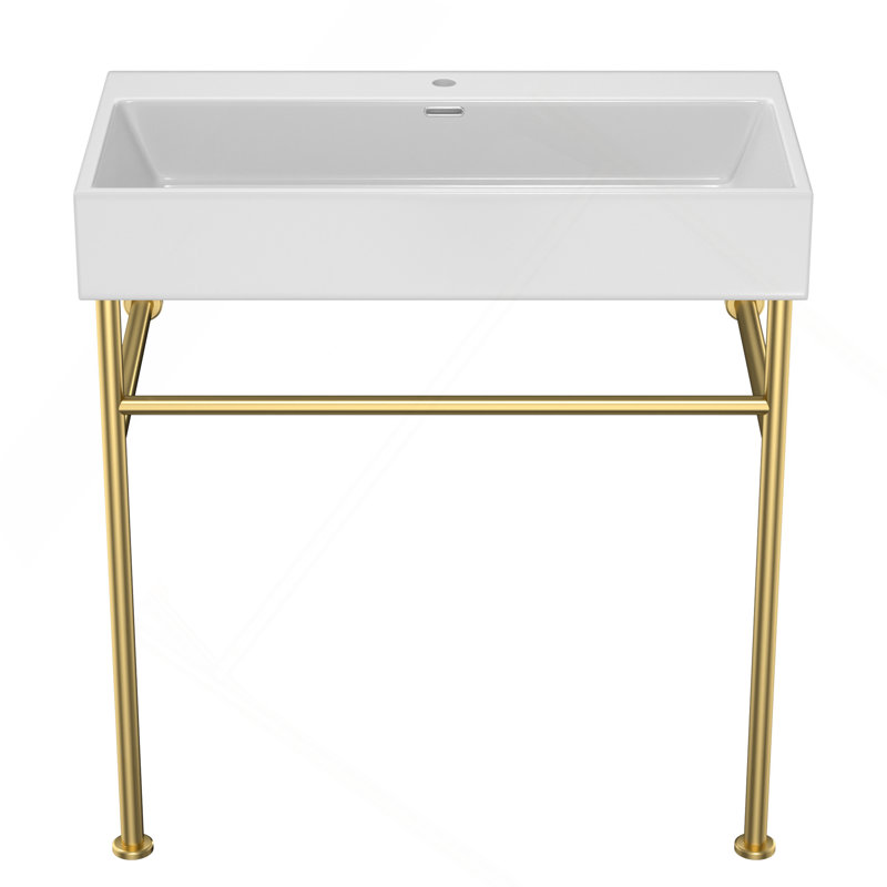 Lavabo de console de salle de bain 31,5 "avec trop-plein, console en céramique cuve blanche avec pieds dorés, 30"