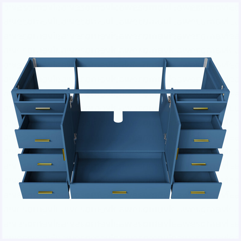 60 Inch Blue Bathroom Vanity Base Cabinet with 2 Soft-Close Double Doors, 1 Large Drawer, 6 Small Drawers and 2 Flip Storage Compartments