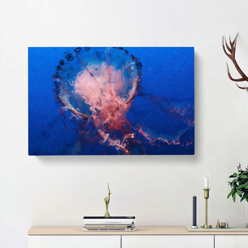 Jellyfish In Pink & Blue In Abstract - Wrapped Canvas, 60cm H x 91cm W x 3cm D