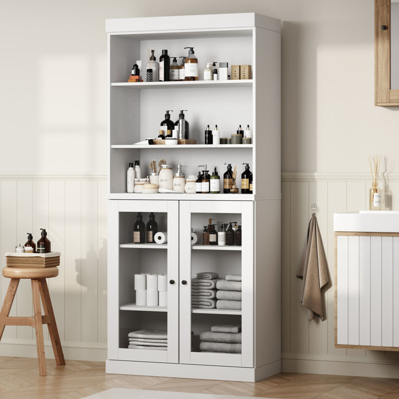 Armoire de salle de bain 100% bois massif 32 "avec portes en verre et tablettes réglables, Bleu antique