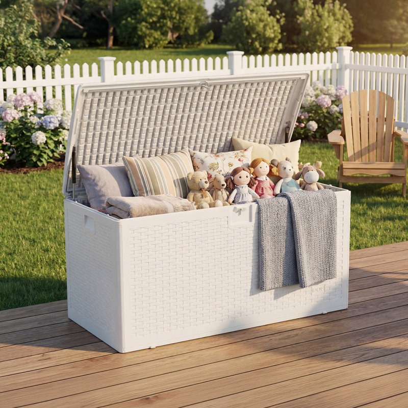 120 Gallon Waterproof Large Resin Deck Box Indoor Outdoor, Lockable Storage Container for Patio Furniture Tools, Waterproof Deck Box with Hydraulic Rod Patio Storage Bin for Pool Garden, White