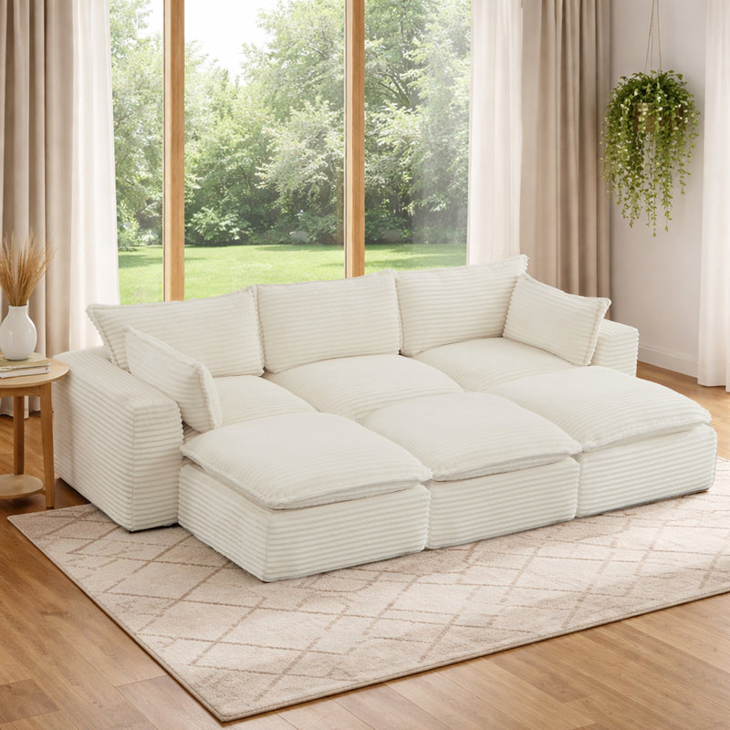 Canapé modulaire 110 po avec siège profond et canapé modulaire 3 places avec 3 repose-pieds, White Corduroy