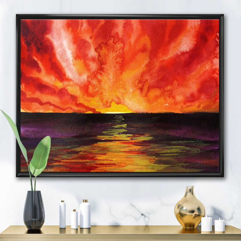«Bright Sunset Over Ocean», reproduction d'art sur toile, H 30 po x l 40 po x 1,5 po, Toile avec cadre noir