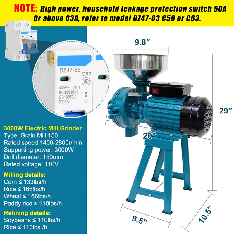 3000W Blue Electric Commercial Grain Grinder with Funnel
