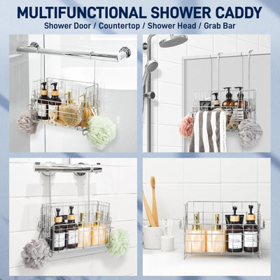 Organisateur de douche suspendu, support de douche suspendu, support de rangement de salle de bain avec crochets au-dessus de la porte, tablette de panier de salle de bain en acier inoxydable antirouille pour robinet de baignoire ou barre transversale
