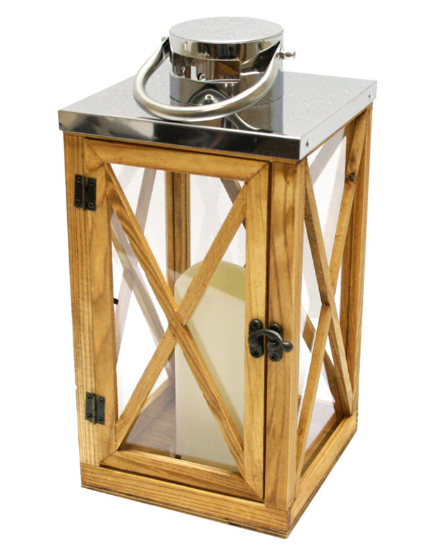13.5" Rustic Wood and Stainless Steel Lantern with LED Flameless Pillar Candle with Timer