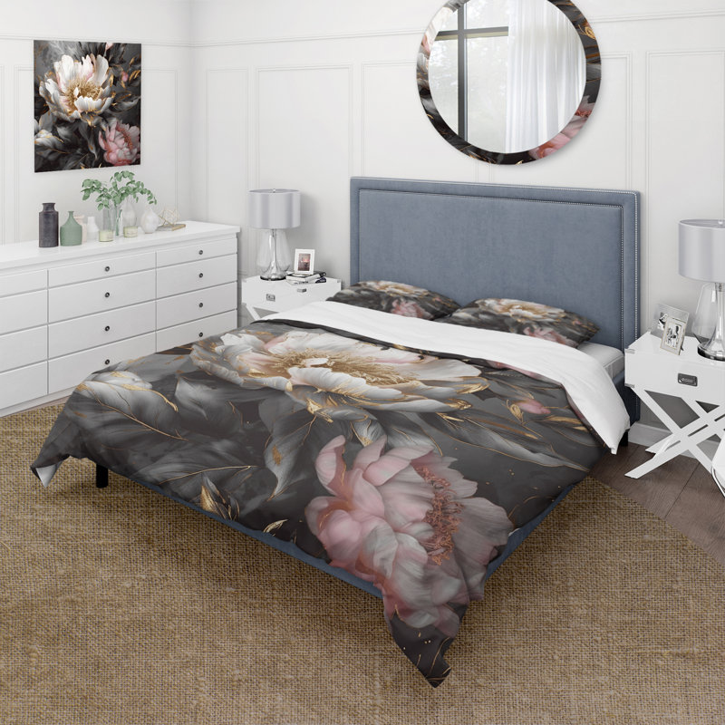 Ensemble de housse de couette rose et gris en pivoines Blooming II, Housse de couette pour grand lit et 2 taies décor
