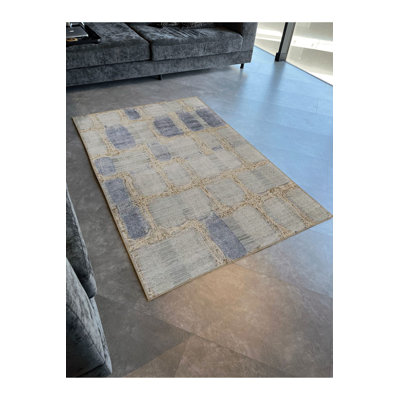 Tapis décoratif moderne géométrique bleu lavable à la machine