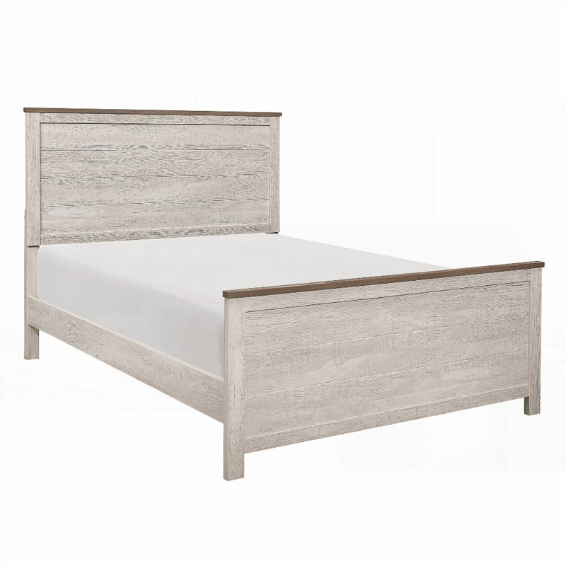 Grand lit à panneau 1pc - style rustique transitionnel, finition bicolore (blanc antique et brun), aucun sommier requis, solide Durable