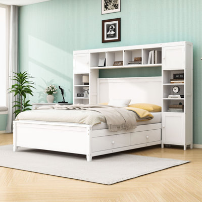 Lit double en bois avec tiroirs et tablettes de rangement polyvalents