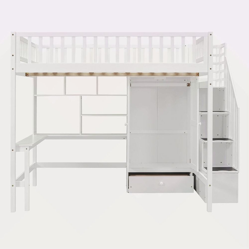 Lit mezzanine double avec bibliothèque, tiroirs, bureau et garde-robe