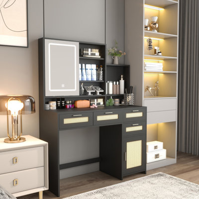 Rattan Vanity, Makeup Vanity Desk With Mirror And Adjustable LED Light, 4 Drawers & 1 Cabinet by iYofe