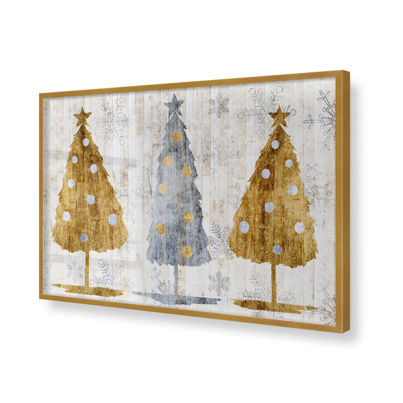 Imprimé d'arbres de Noël métalliques, H 12,25 po x l 15,25 po x P 1,25 po, Cadre simple en or poli