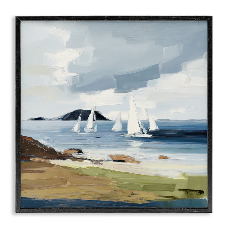 Vaisseaux de mer près de la côte, estampe numérique, conception d'Elara Yasna, H 12 po x l 12 po, Giclée encadrée noir minuit