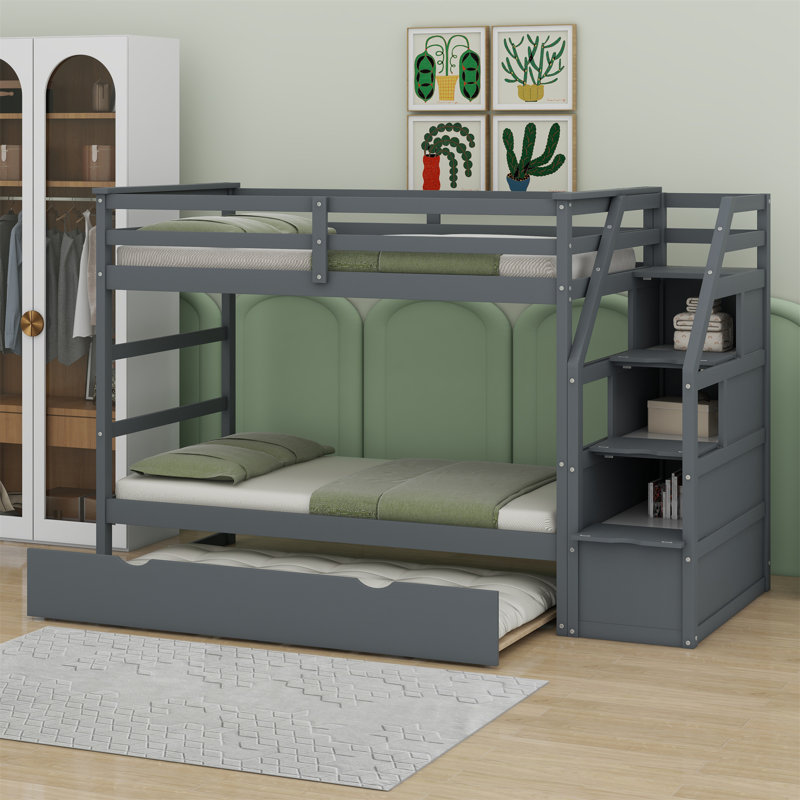 Lit superposé simple au-dessus de simple avec lit gigogne Iftekar Kids, Twin Over Twin, gris