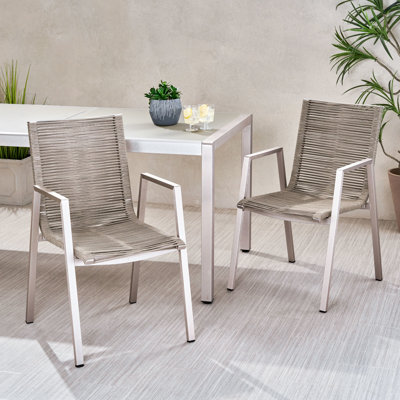 2 chaises de salle à manger d'extérieur avec assise en corde taupe et structure en aluminium, argent moderne, expérience confortable