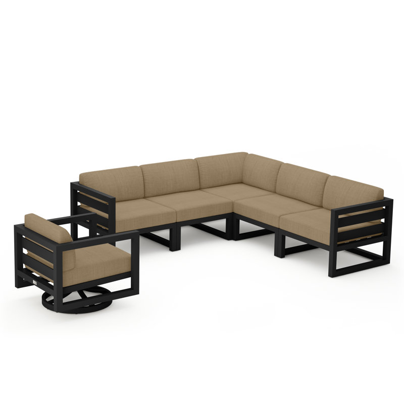 Avion 6 Piece Sectional Set With Swivel, Black, Canvas Heather Beige Sunbrella® Canvas