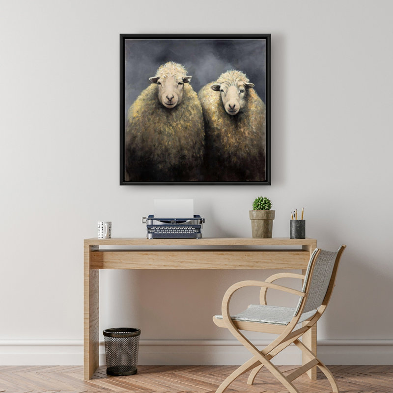 Toile rustique grise avec des animaux de ferme - Mouton en laine