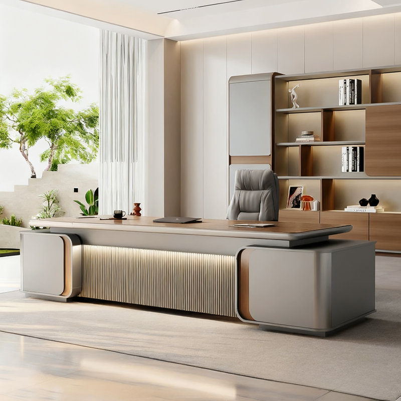 Bureau de direction 110,24 po avec grille de luxe - plateau en grain de noyer épaissi, bordure en alliage d'aluminium, bande de lumière ambiante à contrôle tactile et verrouillage par empreinte digitale, bureau multifonctionnel PDG