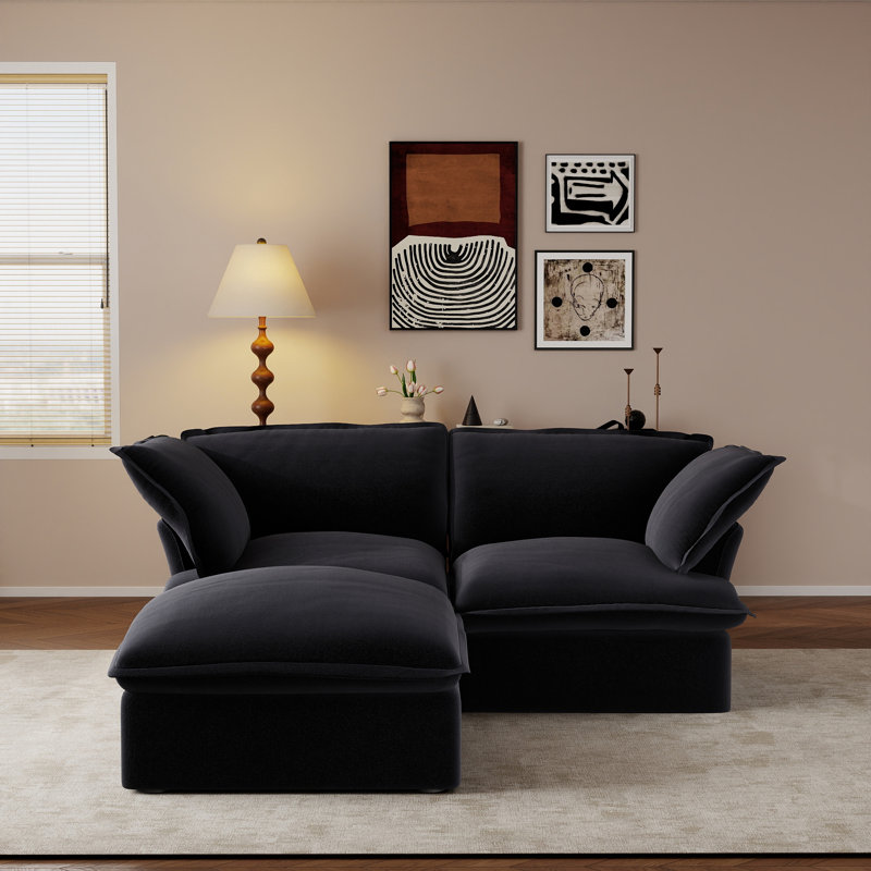 Fairford 3-Piece Upholstered Modern Corduroy Fabric Loveseat Sofa With Ottoman, Black