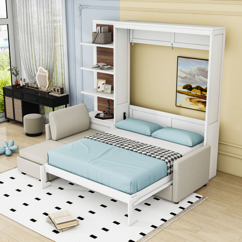Grand lit escamotable avec canapé et tablettes, Blanc