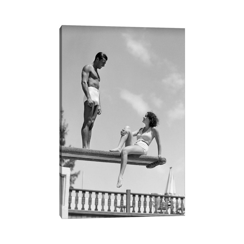 1930s Couple on Swimming Pool Diving Board Talking 1 Piece Wrapped Canvas Wall Art, 20.32 cm H x 30.48 cm W