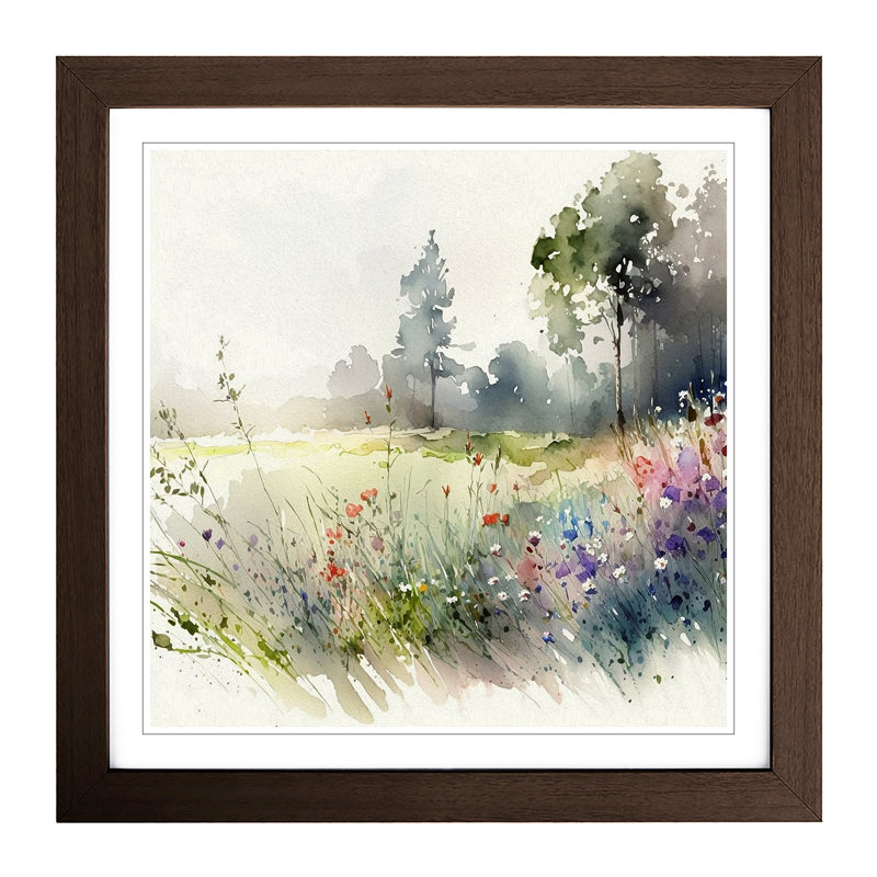 Meadow Watercolour - Single Picture Frame Print on Wood, Walnut