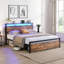 Structure de lit double / grand avec tiroirs de rangement, station de charge USB, tête de lit à DEL et pieds de support en métal, finition brune-284509230