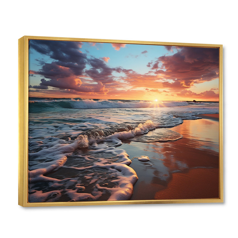 Coucher de soleil horizon III - art mural côtier pour le salon, H 16 po x l 32 po x P 1 po, Cadre flottant doré