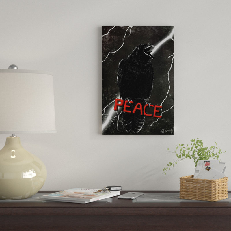 «Crow For Peace» par Barruf, impression sur toile tendue, H 24 po x l 16 po x P 1 po, Papier beaux-arts encadré noir, Blanc