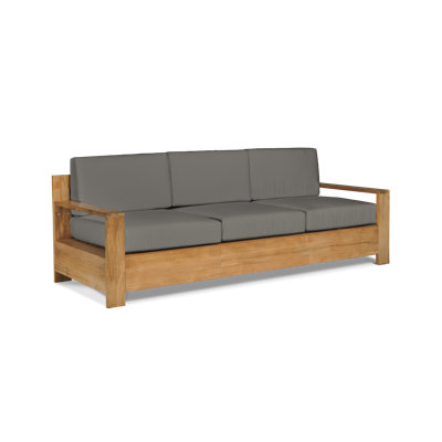 Qube 3 Person Teak Outdoor Sofa With Sunbrella Antique Beige Cushions