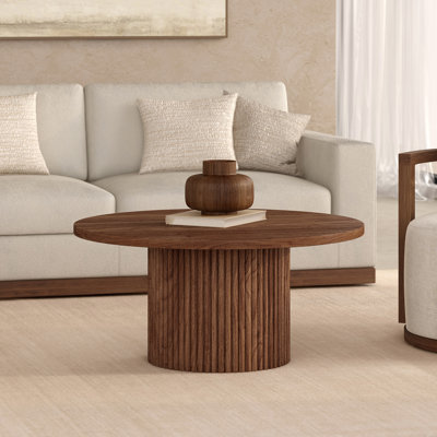 Rollan 32" Wide Round Fluted Coffee Table in Satin Walnut