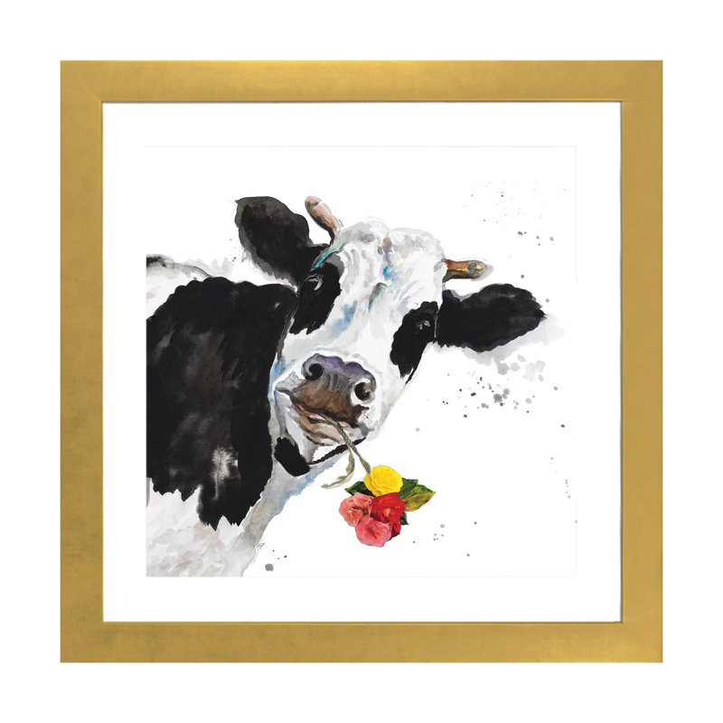 «Crazy Cow» par Patricia Pinto - impression d'art graphique, H 24 po x l 24 po x p 1 po, Papier encadré doré