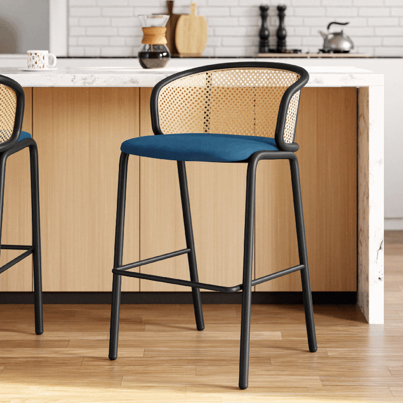 Daishun Modern Wicker Bar Stool with Fabric Seat and Powder Coated Steel Frame, Navy Blue