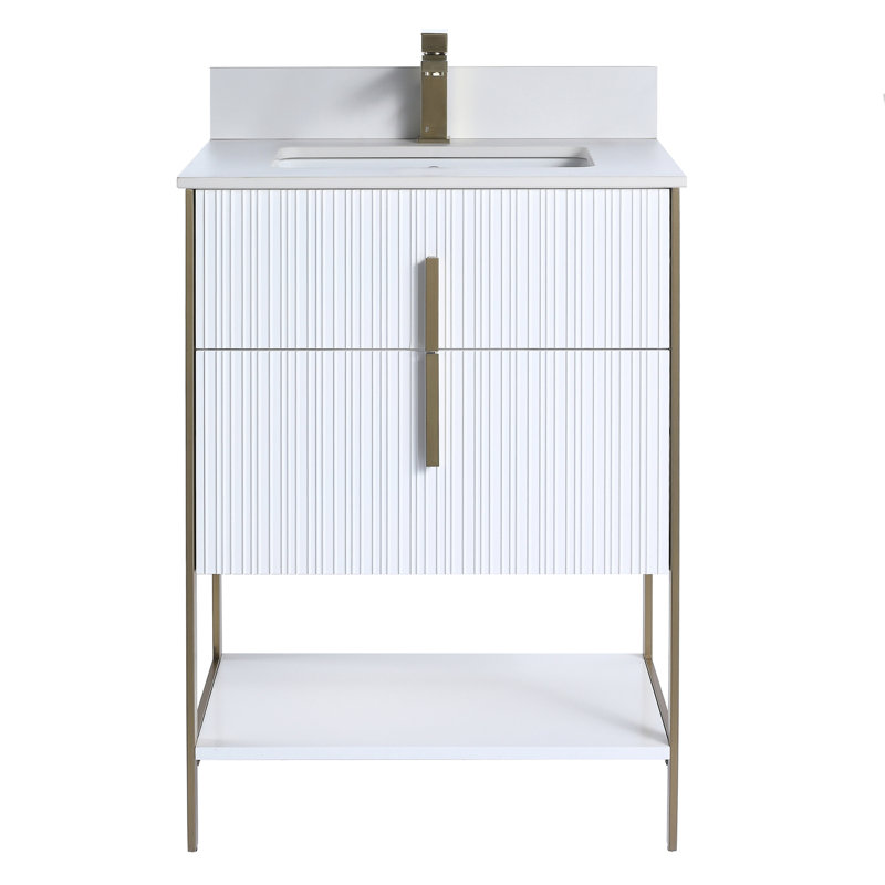 Meuble-lavabo moderne avec plateau en pierre Serenity, Blanc mat / laiton, 24", Pierre artificielle blanche