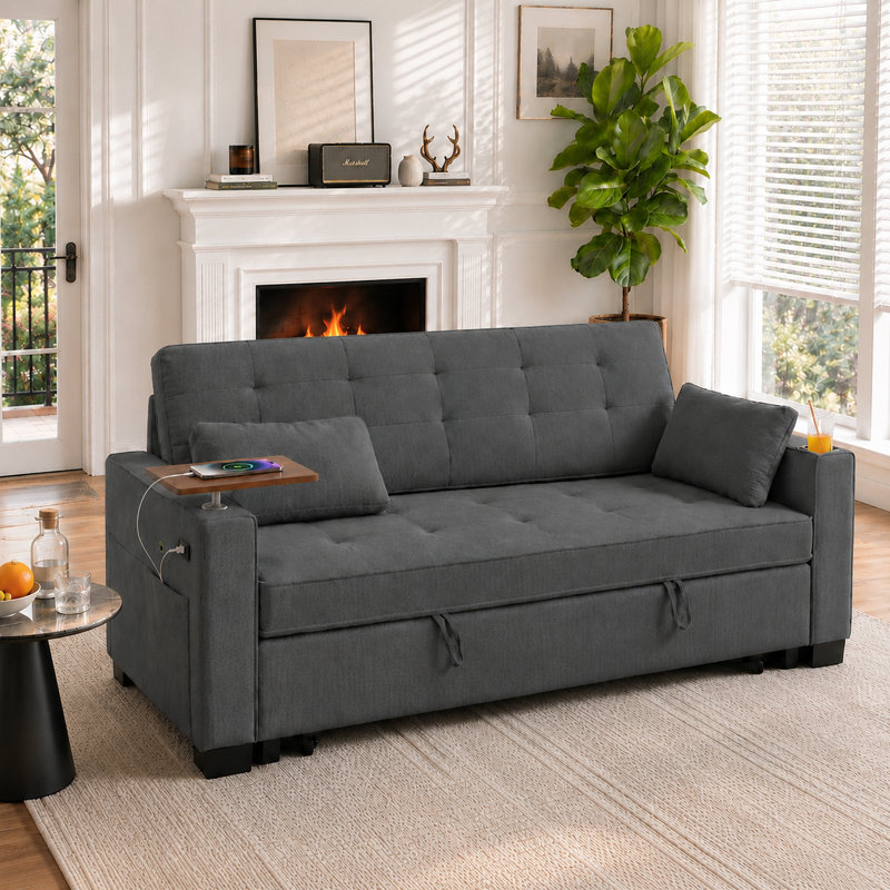 73" Convertible Sleeper Sofa Bed with Pull-Out Bed, Foldable Side Table, USB Ports & Cup Holders, Small Space Multifunction Sleeper Sectional Sofa, Modern Chenille  Upholstered Couch for Living Room, Apartment, Small Space