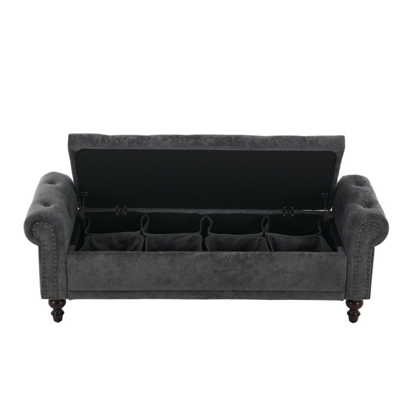 Upholstered Storage Bench With Segmented Storage Compartments, Dark Gray Velvet, 20.8" H x 58.1" W x 18.7" D