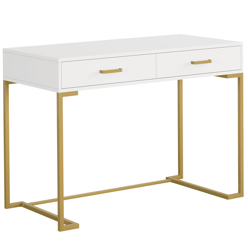 Bureau d'ordinateur 40 po blanc et doré avec 2 tiroirs, bureau à domicile moderne, table d'écriture compacte, bureau de coiffeuse pour petits espaces, structure en métal, style minimaliste
