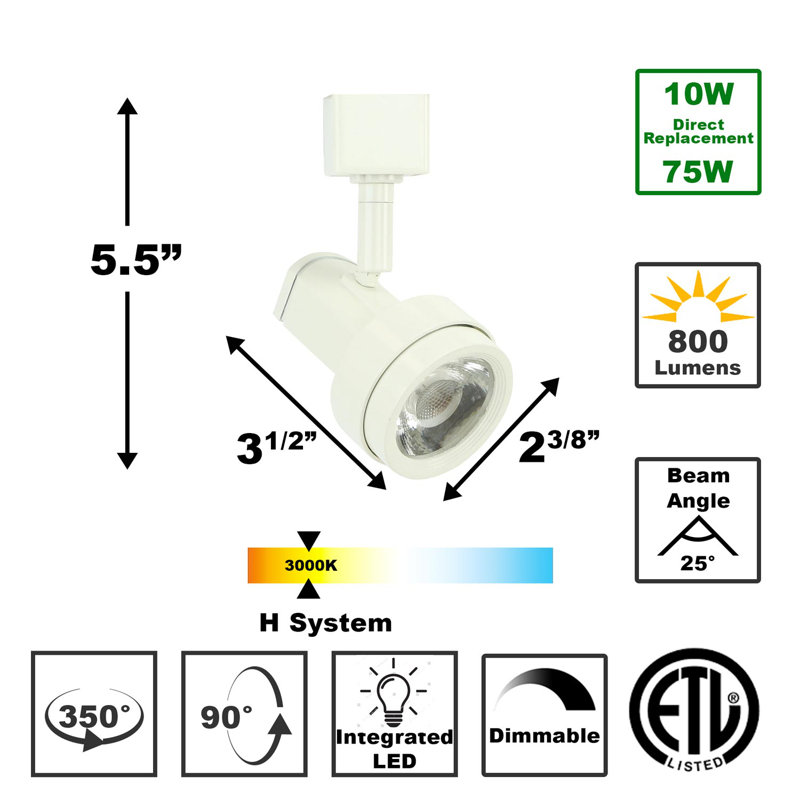 Tête d'éclairage DEL à rail, Blanc, H 5,5 po x l 2,38 po x 3,5 po, 10W