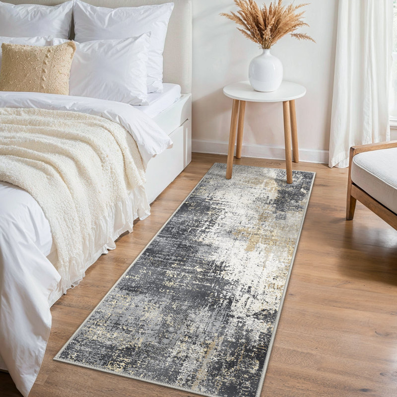 Abstract Area Rug, Rectangle 80 x 150 cm, Black/Gold/Beige
