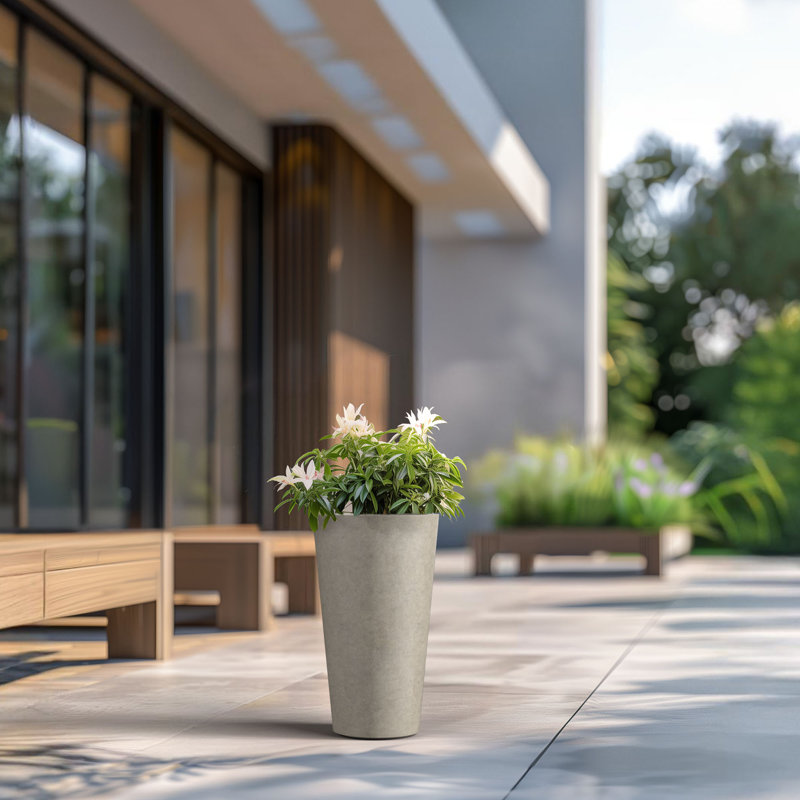 Medium Concrete Round Planter / Pot With Drainage Holes, Light Gray, 19.69" H x 11.81" W x 11.81" D