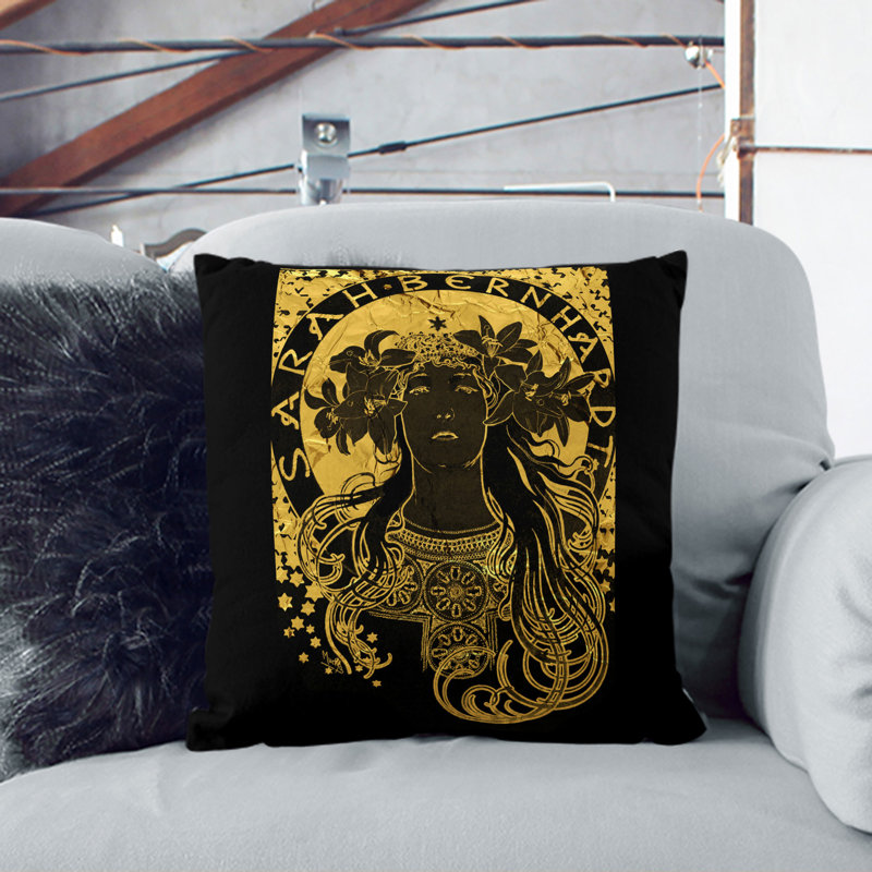 Sarah Bernhardt In Gold Square Throw Cushion, 40cm H x 40cm W x 15cm D, Black