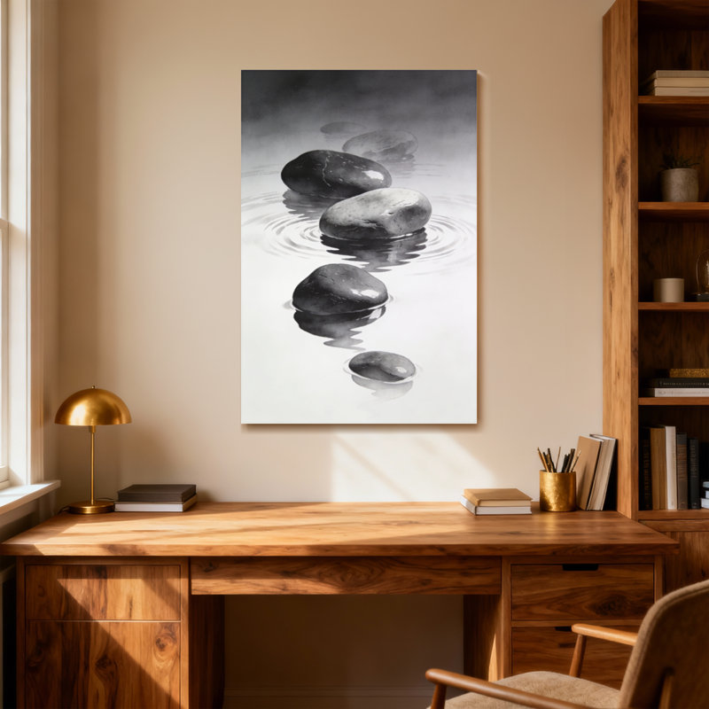 Abstrait, roches dans la réflexion de l'eau, art zen, H 48 po x l 32 po